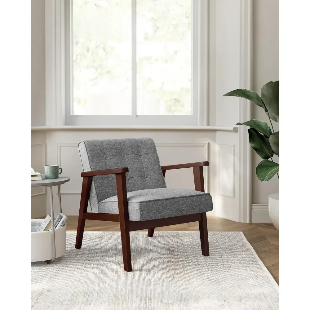 

Chaise longue, mid-century modern armchair with solid wood armrests and legs, living room with light grey upholstered sofa