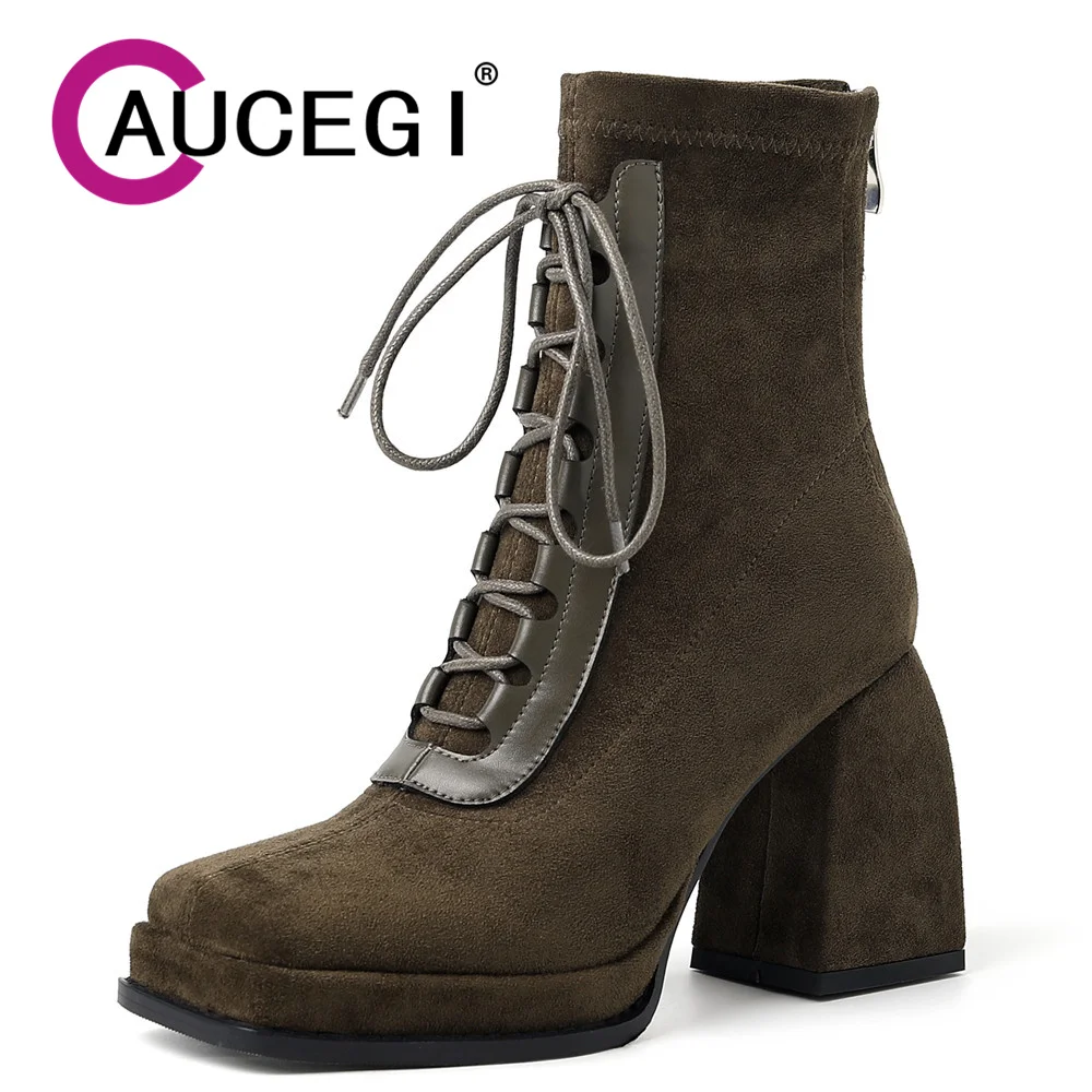 

Aucegi Women 2023 New Short Ankle Boots Soft Flock Lace Up Autumn Winter Fashion Square Toe Thick High Heels Versatile Footwarer