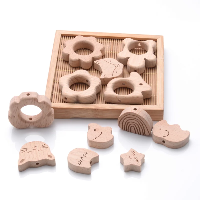 10Pcs Beech Beads Heart Butterfly Rainbow Elephant Flower Animal Wooden Beads for Bbay Chew Teether Beads Pacifier Clips Chain