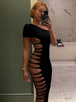 Nibber Fashion Maxi Dress Woman Sexy Hollow Design Skew Collar Off Shoulder Skinny High Waist Robe Midnight Club Party Vestidos 1