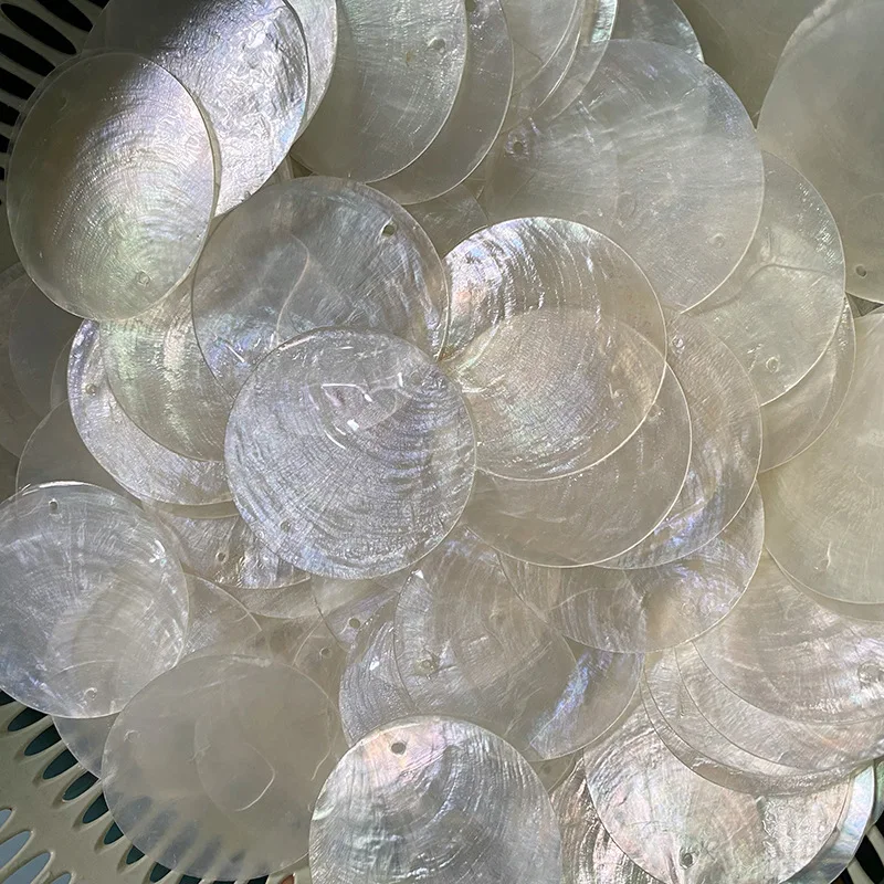 DIY Lighting Fixture Wind Chime Accessories Semi Transparent Soft Shell Circular Double Hole Mirror Raw Materials 50mm 100PCS natural shell ornaments