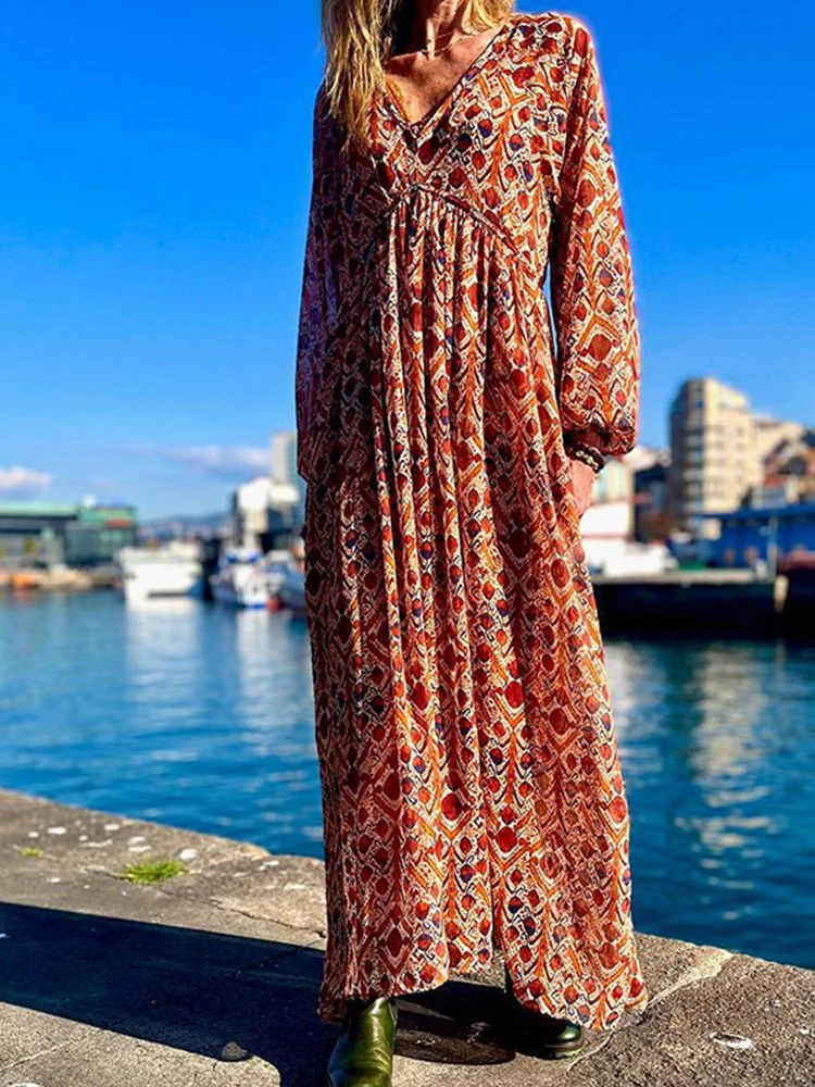 Ladies Fashion Half Sleeve Long Pullover Dress Vintage Printed Women Long Dress 2022 Spring Summer V-Neck Casual Maxi Dresses