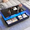 LED Coffee Table W/ 2 Storage Drawers, High Glossy Coffee Tables W/60,000-Color Lights, Rectangle 2-Tier Center Table W/Shelf 5
