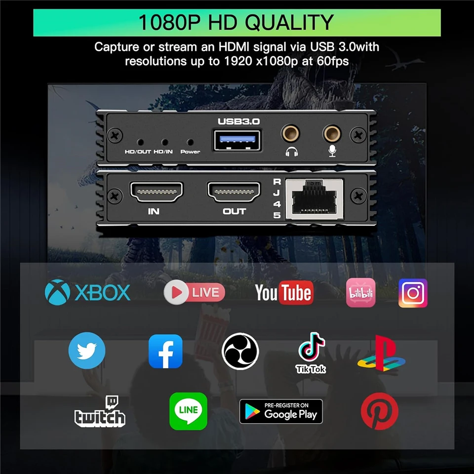 USB 3.0 Video Capture Card HDMI 1Gb Ethernet RJ45 to USB/Type-c Game Grabber Rec