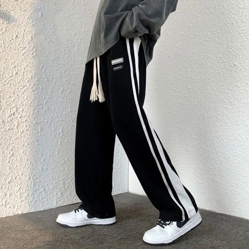 Korean Fashion Casual Sports Pants Trendy Wide Leg Pants Men Stripe Elastic Waist Drawstring Pockets Loose Straight Trousers