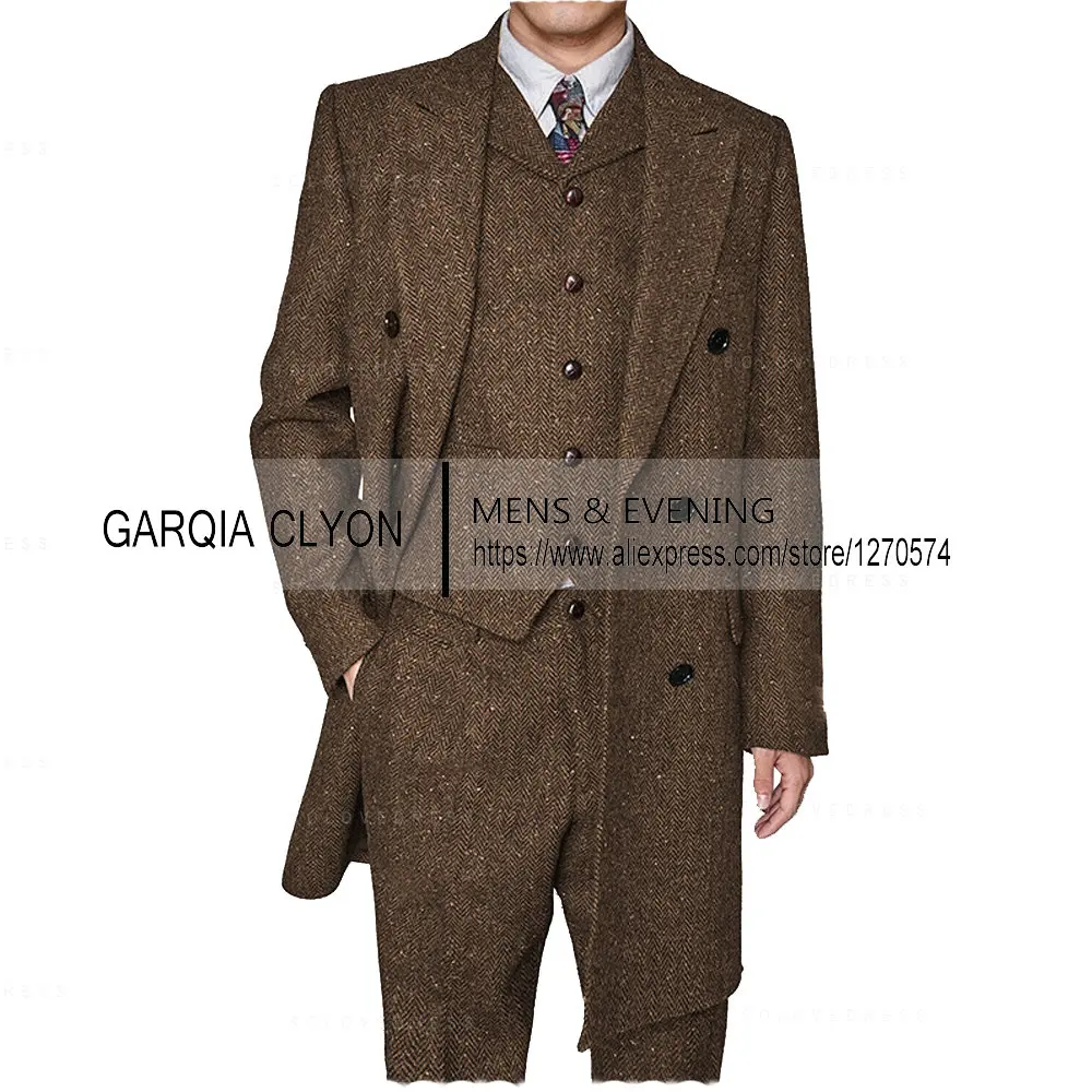 3 Pieces  Men's Suits Formal Single Breasted Slim Fit Herringbone Tweed Wool Middle Long Style  Groomsmen (Blazer+Vest+Pants) 3