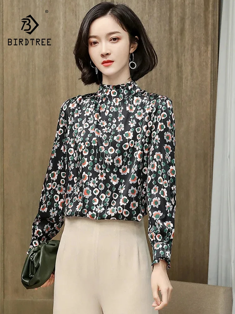 

Birdtree Women 2024 Autumn New,Fashion Printed Ear Edge Temperament Top,91.8%Real Silk Standing Collar Vintage Shirt T30677QC