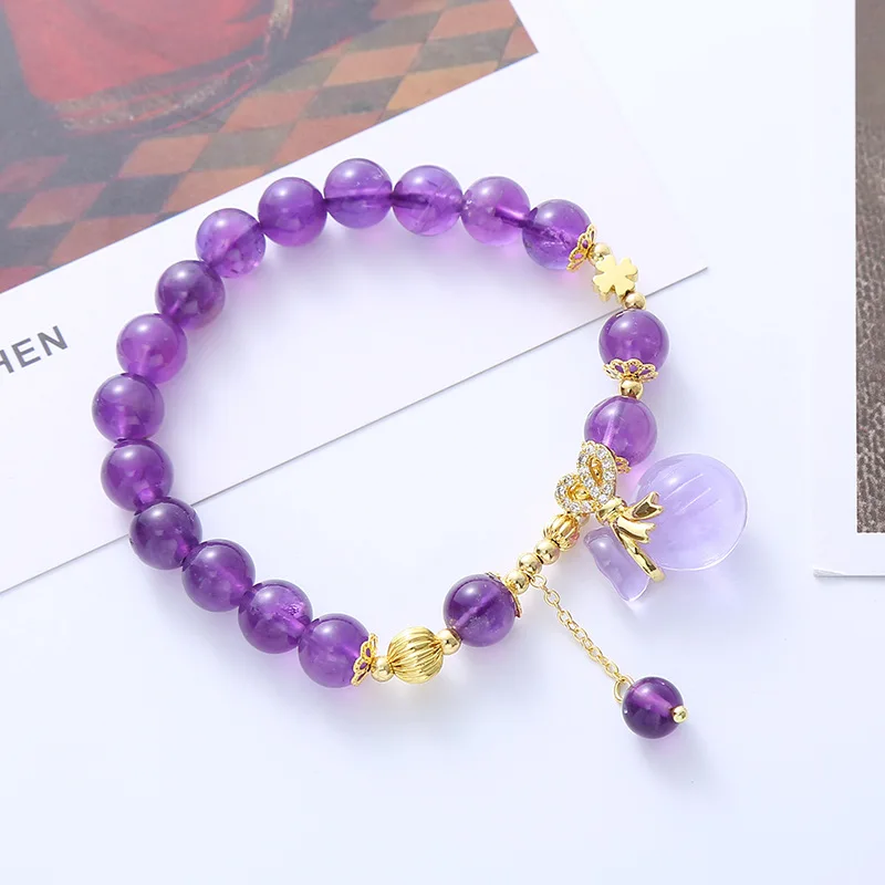 

Natural Amethyst Crystal Bracelet for Women Ethnic Style Purple Beads Bangle with Purse Pendant New Arrival Friends Accessory