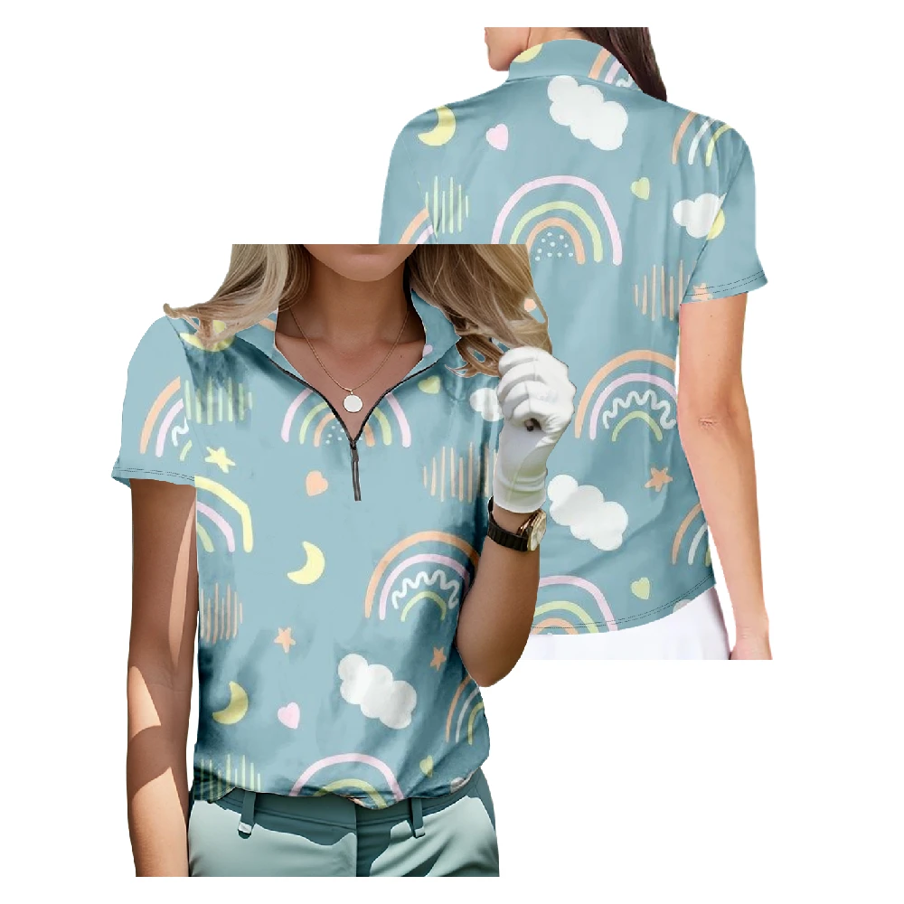 

Cute Rainbow Pattern Short Sleeve Golf Shirt Breathable Quick Dry Half Zip Tops Fashion Streetwear Women Sportswear
