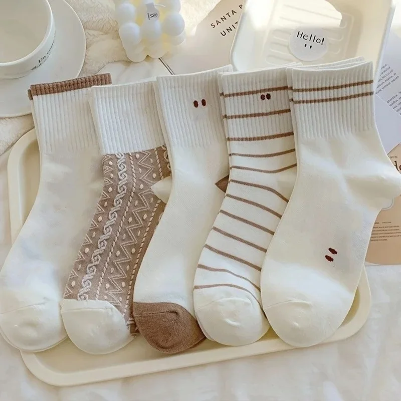 5 쌍 귀여운 웃는 프린트 양말, Comfy & Soft Crew 스포츠 양말, 여성 스타킹 및 양말