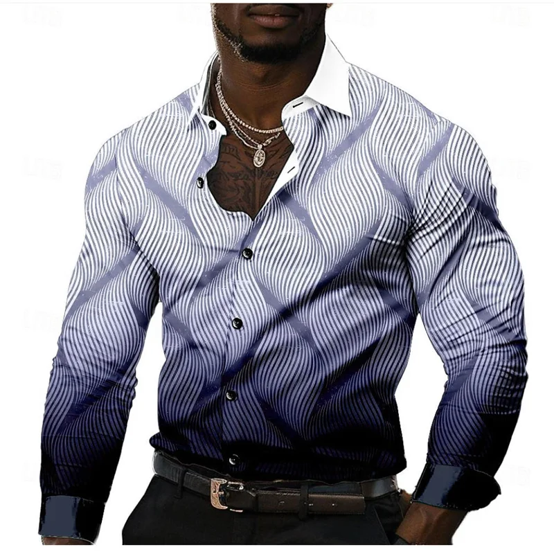 thumbnail image 1 of Camisa estampada de línea informal para hombre 2024, formal, de verano, primavera y otoño, con solapa, manga larga, negra, verde, talla grande S-5XL, envío rápido, 1 of 5
