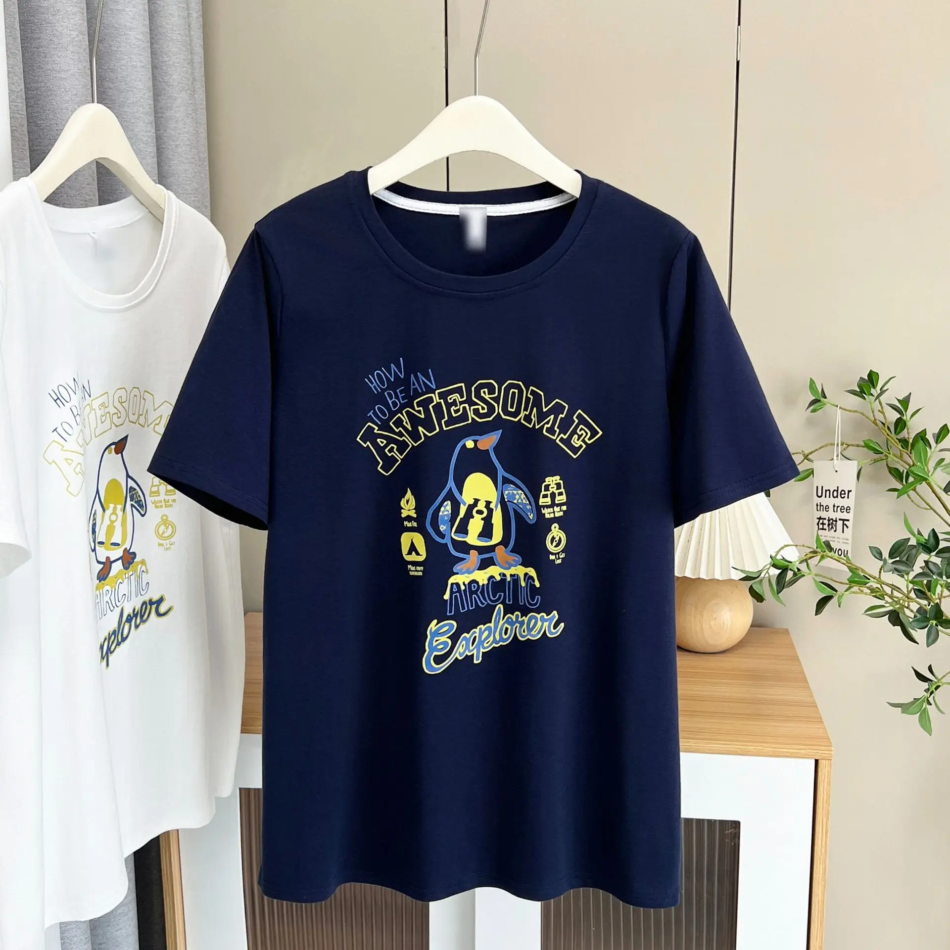 100kg Summer Top New Stylish And Youthful Penguin Short Sleeve Plus Size Women's Casual round-neck T-shirt 6245