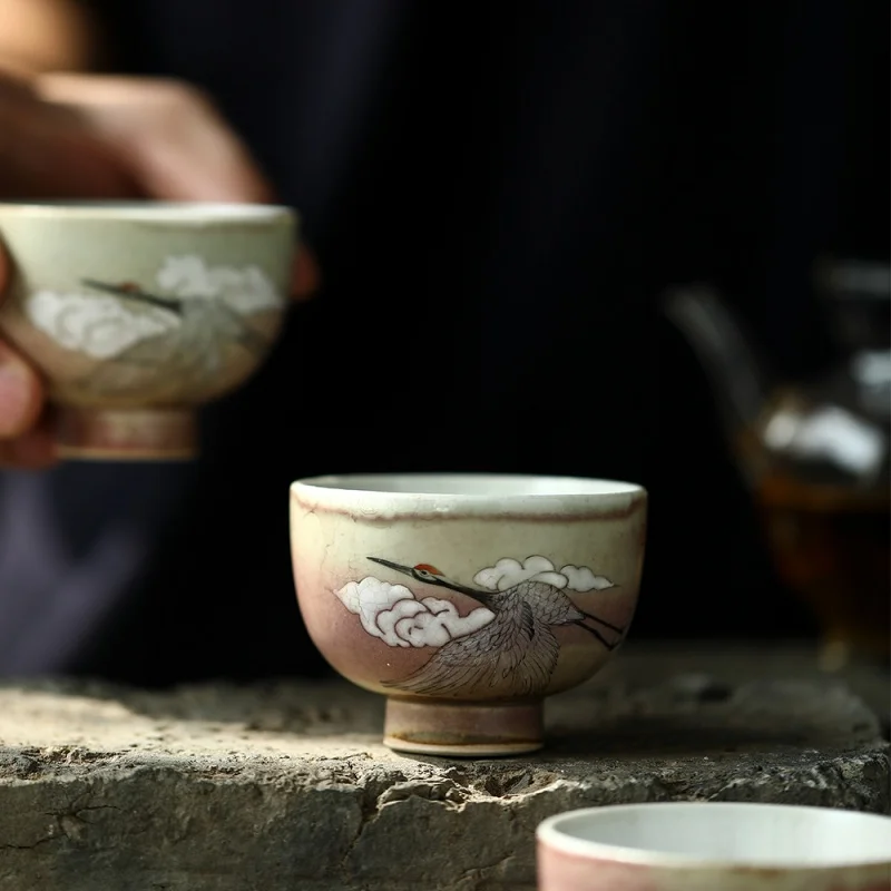 

Jingdezhen Handmade Glazed Hand Painted Plain Red Crane Cup Boutique Master Cup Firewood Burning Tea Cup Tea Set Tea Cup