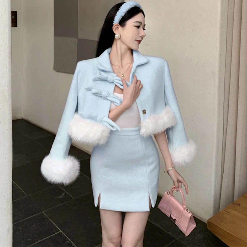 

Small Fragrance Wind Tweed Mini Skirt Sets Women Autumn Winter Plush Splice Jackets Bow Button Thicken Two Piece Suit Outfits
