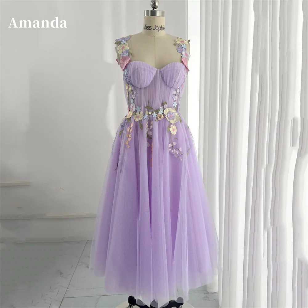 

Amanda 2024 Princess Flower Straps Vestido De Novia Cute A-line Knee Lenght Evening Dress Lavender 3D Flower Prom Dress 2024