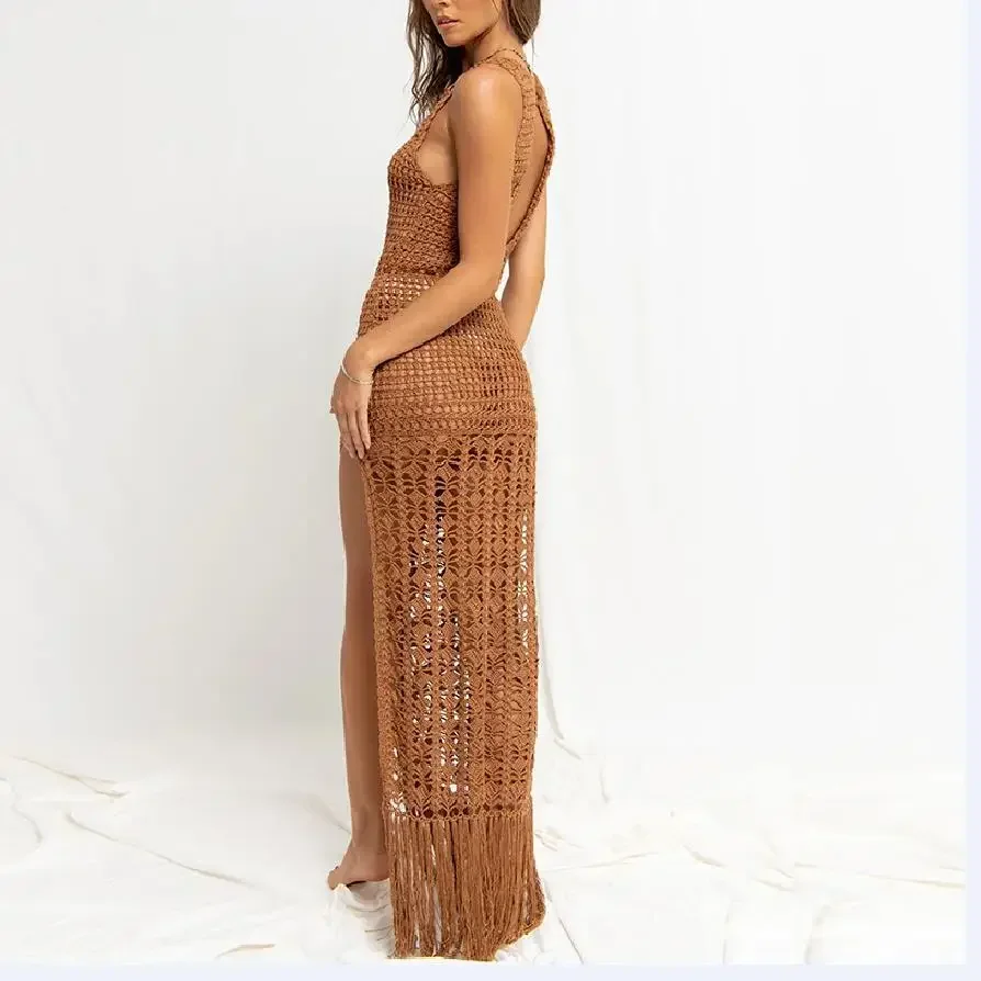 2024 New Women's Summer Knitted Bikini Cover-Up Sexy Solid Color Crocheted Hollow Out Sleeveless Side Slit Tassels Beach Dresses