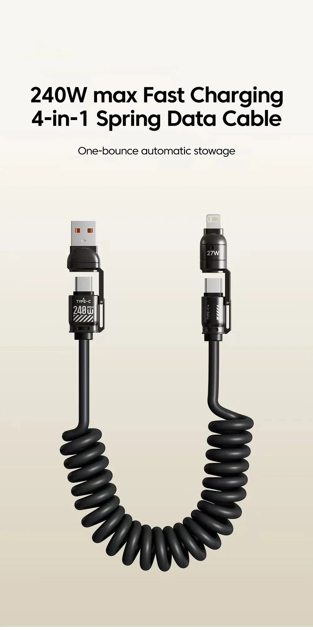 Car Spring Data Cable Type C 4-in-1 240W for IPhone Huawei Samsung IPad Mobile Phone USB Fast Charging Cord Suitable for Carplay
