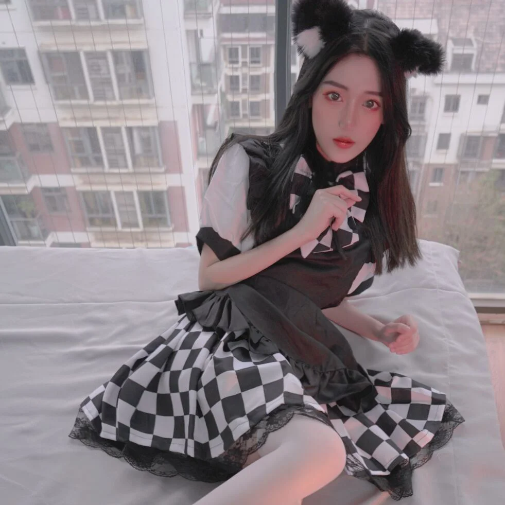 Black and White Plaid Maid Costume Cos Maid Costume Large Cross Dressing Game Suit