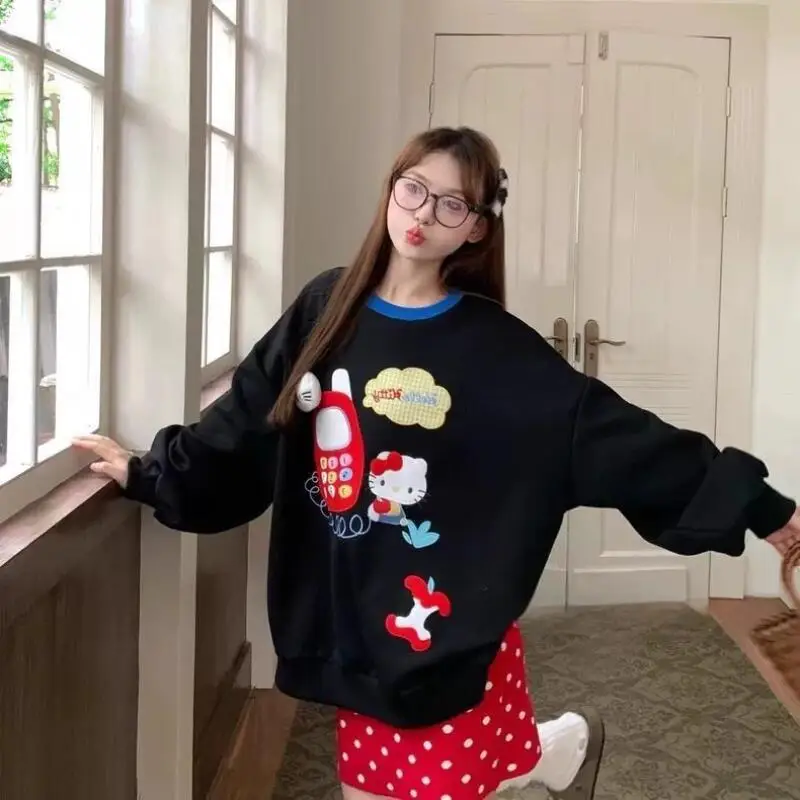 Sanrio Anime 헬로 키티 긴팔 스웨트 셔츠 카와이 가을 프린트 후드 코튼 걸스 탑 루즈 캐주얼 대형 탑