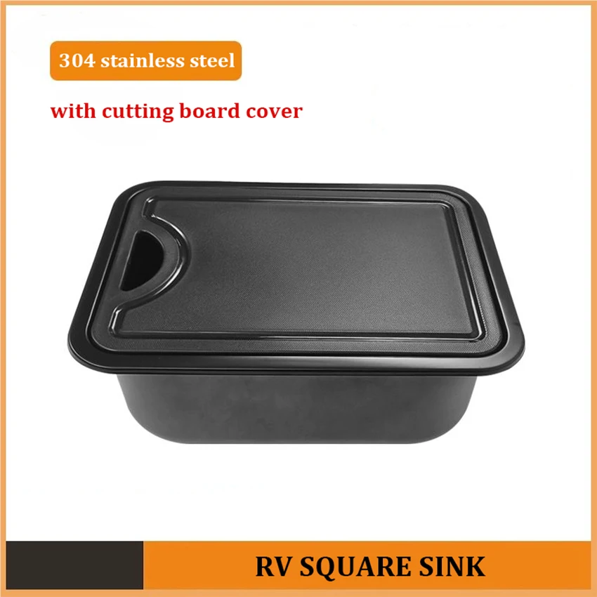 RV Accessories Stainless Steel Sink with Cutting Board Cover Small Size Kitchen Black Hand Wash Basin for Camper Caravan Yacht