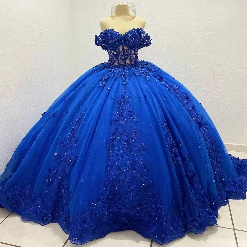 

ANGELSBRIDEP Shiny Royal Blue Quinceanera Dresses Beading Crystal Lace Appliques Vestidos De 15 Anos Birthday Party Ball Gown