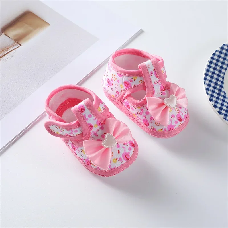 0-18months Baby Girls Flat Shoes Soft Sole Bowknot Flower Print Non-Slip Shoes For Infant Girls Indoor Outdoor First Walkers 3