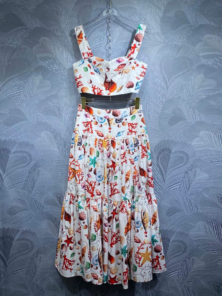 

Женский элегантный белый костюм SEQINYY, летний, весенний, новый модный дизайн, Женский подиумный короткий Топ без бретелек и трапециевидная длинная юбка с принтом