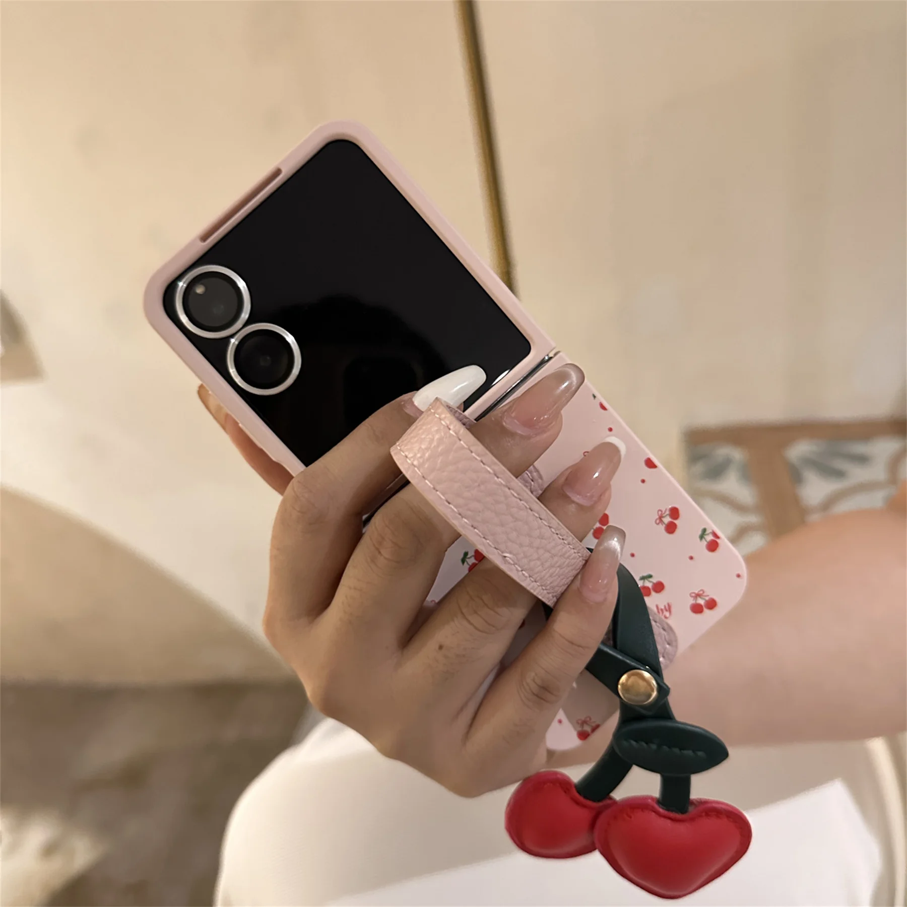 Chic Sweet Pink Case with Wristband and Cherry Pendant