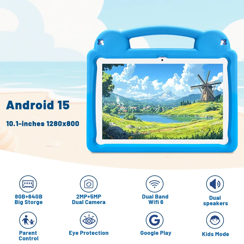 10.1인치 IPS 디스플레이 키즈 태블릿 안드로이드 15 8GB 램 64GB 롬 WiFi 6 글로벌 버전 구글 플레이 충격 방지 커버 일상 사용