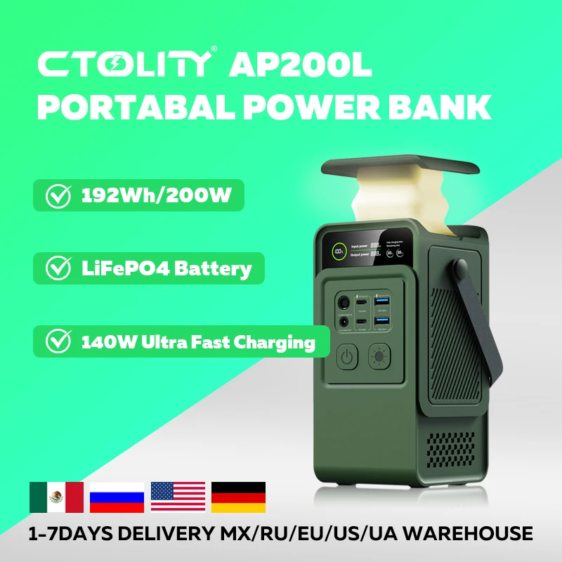 CTOLITY 200 W Portable power bank 192Wh camping LiFePO4 battery PD3.1 140 watt very fast charging LED DC power supply solar power...