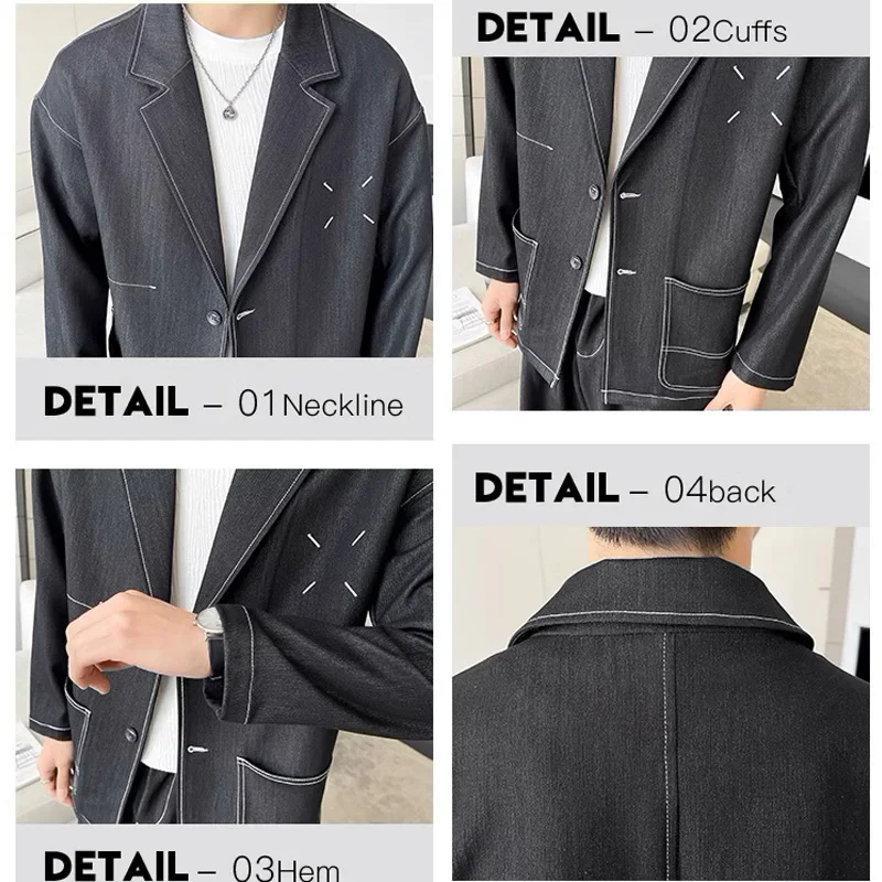 Men Streetwear Fashion Loose Casual Denim Blazers Jacket Pant 2 Pieces Suits Sets Man Vintage Suit Coat Jeans Tracksuits