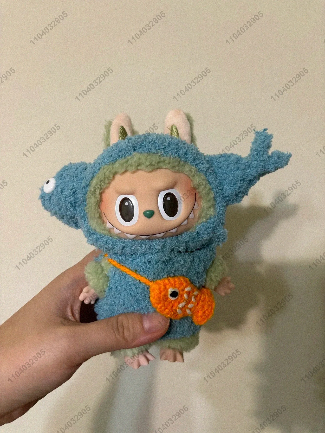 Labubu The Monster Cute Blue Fish Costume Cartoon Clothes 1:1 Original Replica Vinyl Doll Action Figure Bag Charm Pendant Gift