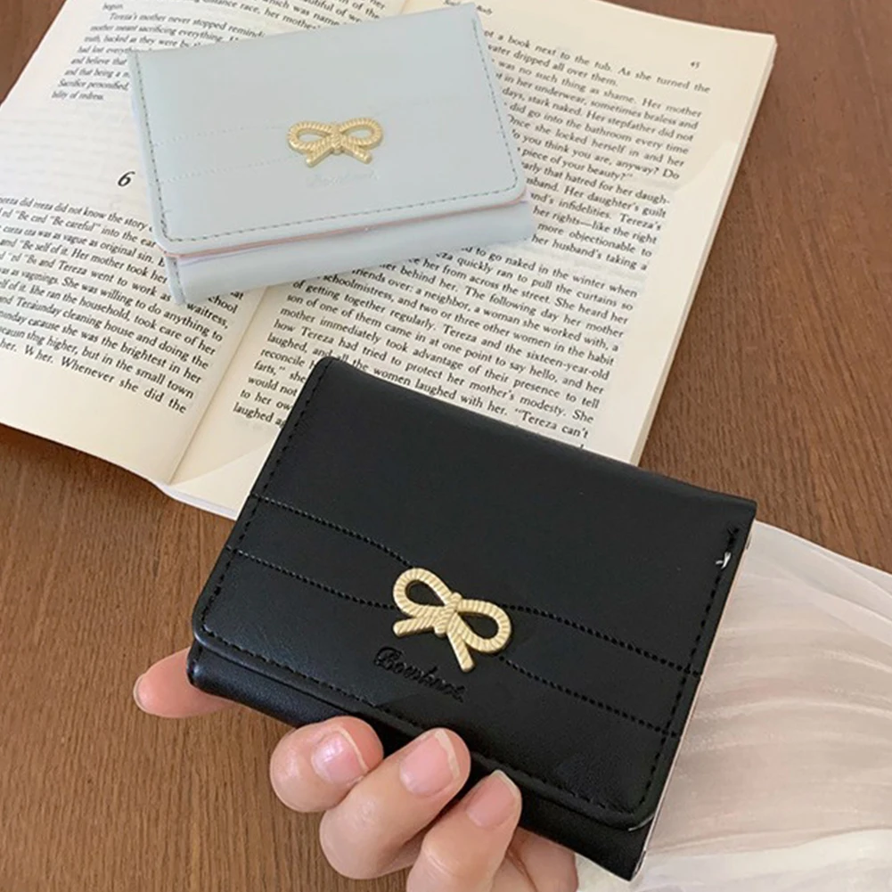 Women Bow Cute Coin Wallet Snap Closure PU Leather Card Bag Solid Color Short Wallet Bags Credit Card Holder Fashion Clutch Bag