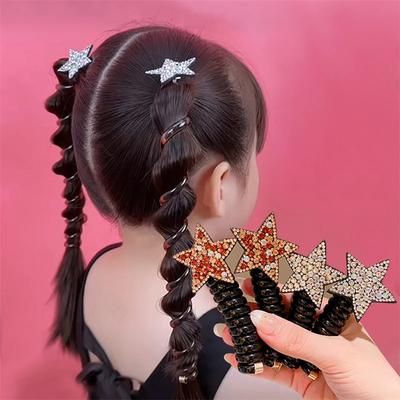

New Children Girls Rhinestone Pentagram Star Ponytail Elastic Hair Bands Rubber Tie Bundle Scrunchies Telephone Wire Accessories