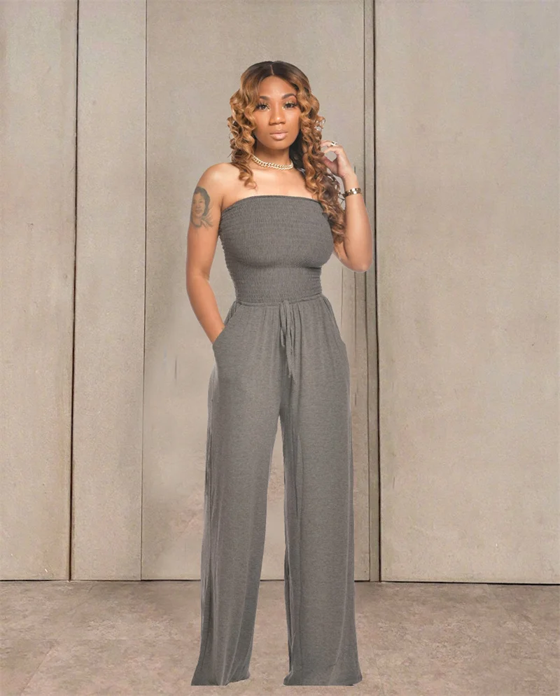 Hot Sale – Off Shoulder Solid Color Smocked Jumpsuit
