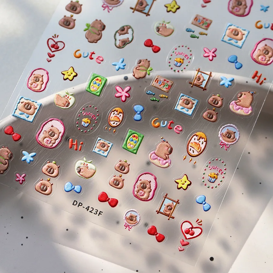 Lovely Capybara Cartoon Doodle 5D Soft Embossed Reliefs Self Adhesive Nail Art Sticker Cute Hamster 3D Manicure Decals nail stickers decorative stickers nail art decoration nail decals