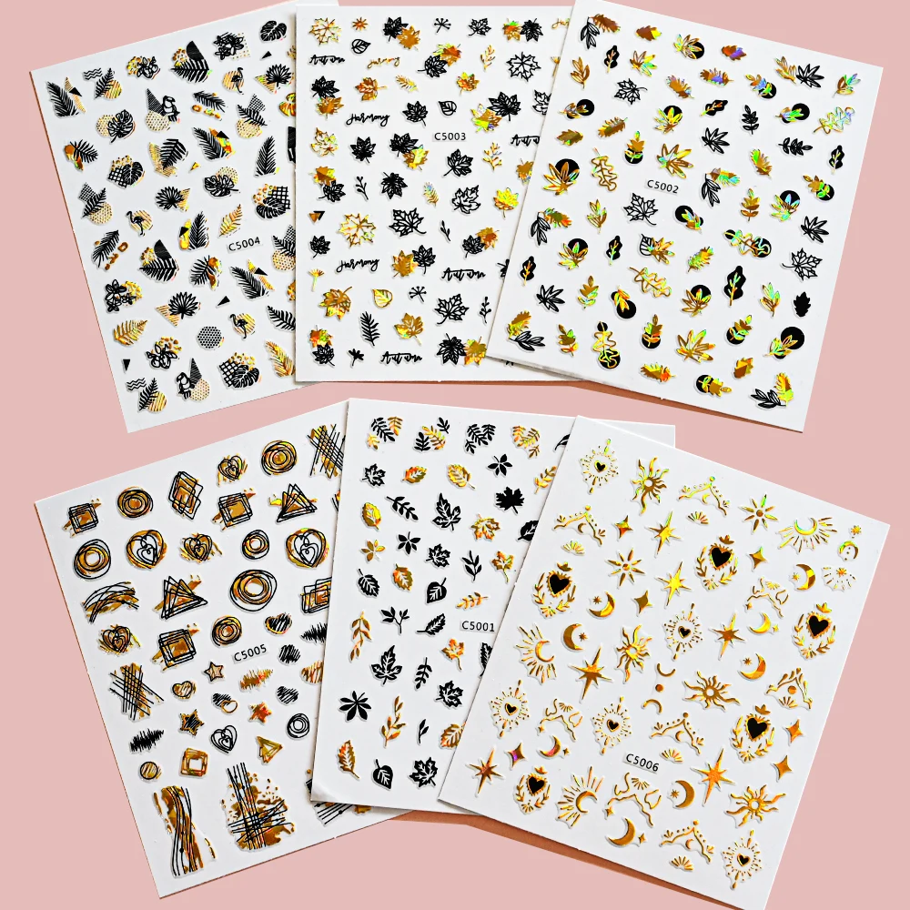 

3D Nail Stickers Gold Leaf Cotton Flowers Transfer Decals Nail Adhesive Slider Gold Laser Love Bronzing Heart Sticker Decoration