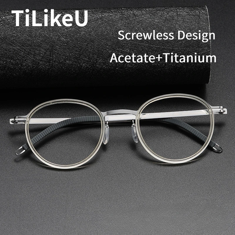 

Fashion Screwless Pure Titanium Eyeglass Frame Men Retro Round Acetate Myopia Glasses Women Optics Luxury Brand Designer Eyewear