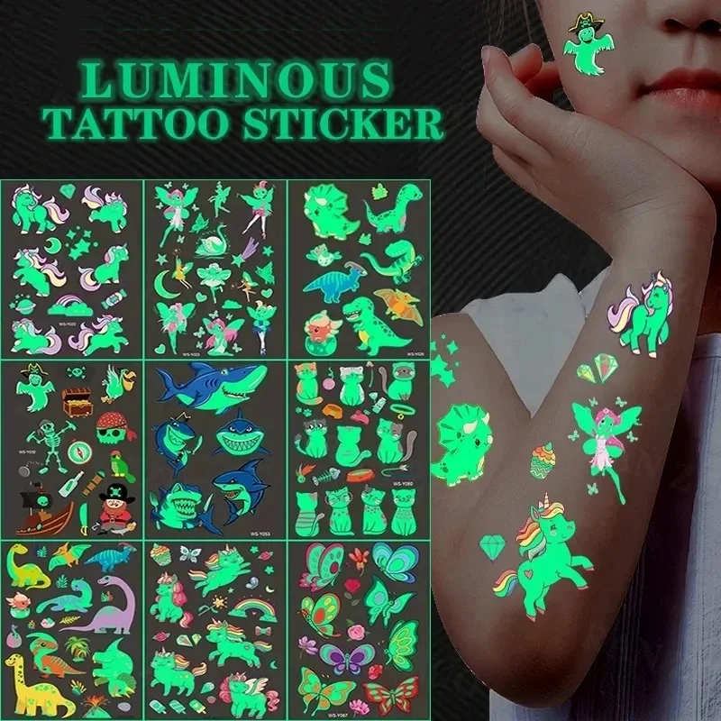 Tattoo Sticker 40pcs/8Set Luminous Cartoon Children Unicorn Mermaid For Children Temporary