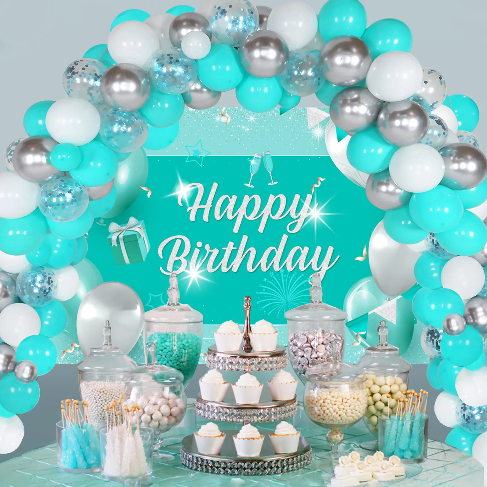 

Funmemoir Turquoise Birthday Decorations Kit Teal Blue Silver Birthday Backdrop & Balloons Garland Kit Birthday Party Supplies