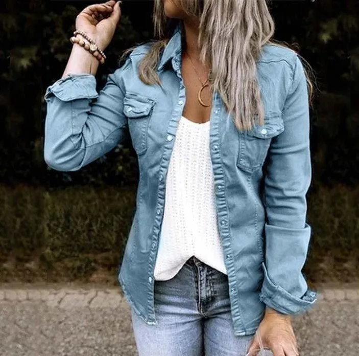 Spring Autumn Solid Denim Shirts Fashion Casual Vintage Breathable Women Top Light Blouse Outerwear Streetwear Thin jean Coat