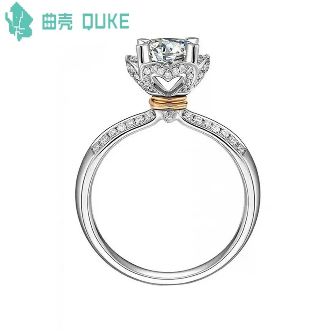 

18k Platinum, True Gold, Mosang Diamonds, Colorful Love, Hand Holding Flower Ring, Female Lifetime Love, Wedding Gift, Jewelry