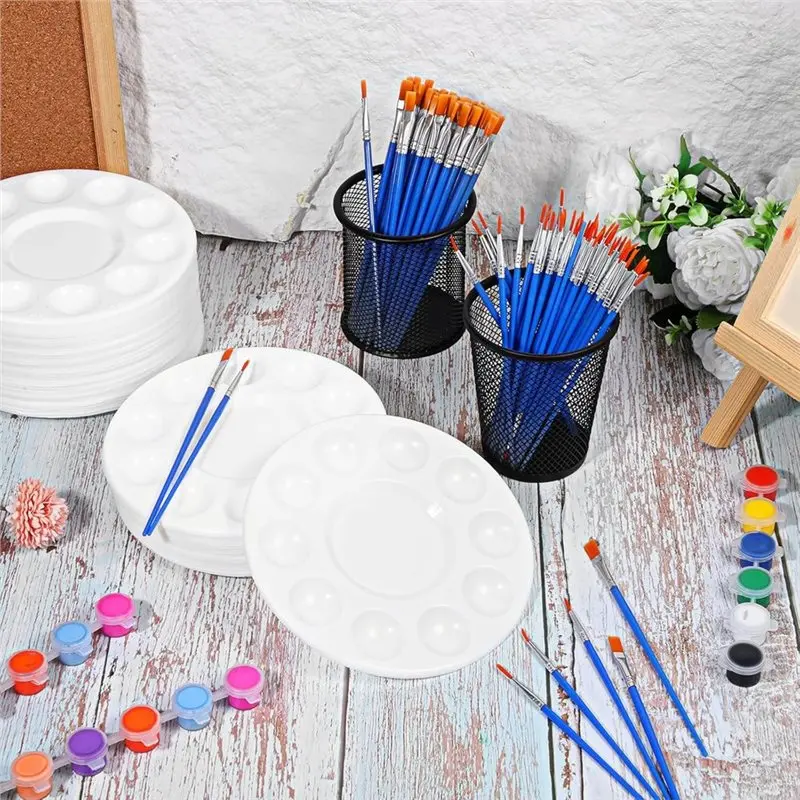 HLZS-150 Pcs 페인팅 브러쉬 팔레트 세트, 10개의 웰이 있는 50개의 페인팅 팔레트, 100개의 작은 페인트 브러쉬, 아크릴 DIY용