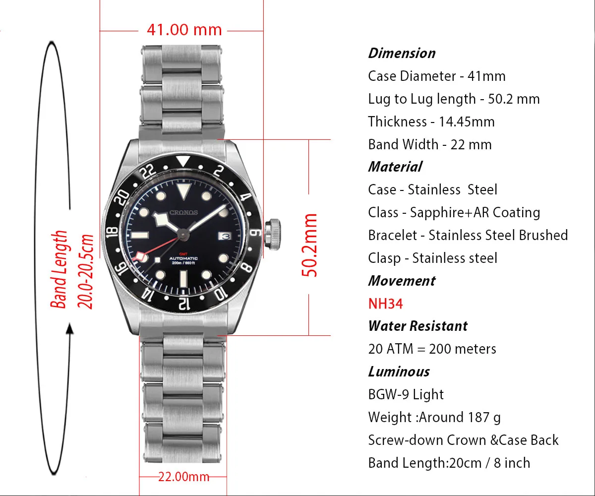Cronos BBGMT Automatic Driver Man Watch Bidirectional Ceramic bezel NH34 Movement Female End Links Sapphire 20BarWaterproof 6021