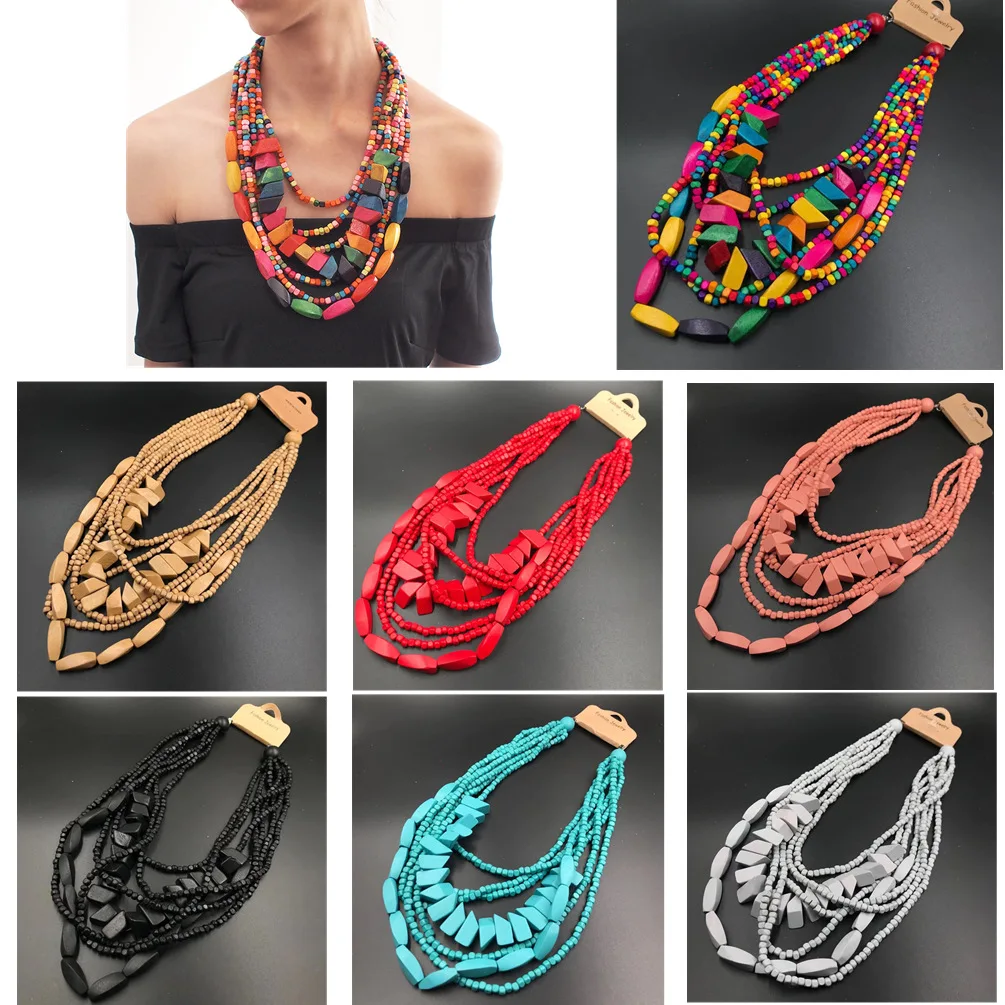 Women Bohemia Bead Ceramic Weave Sweater Necklace