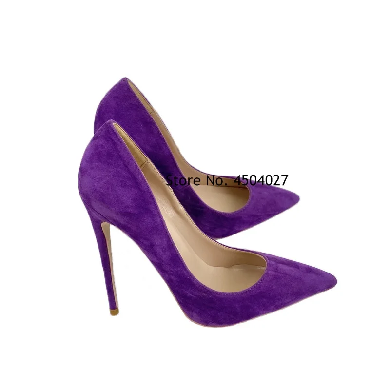 

Elegant Woman Heeled Shoes Purple Suede Leather Pointed Toe Shallow Pumps Slip On Stiletto High Heels 12cm 10cm 8cm