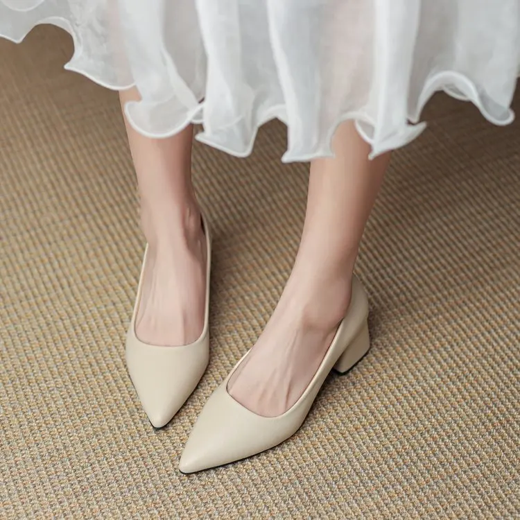 

PuSoft Leather Pumps Women Shoes Comfortable Office Shoes Square Heel Shallow Pointed High Heels Slip-On Ladies Wedding Shoes