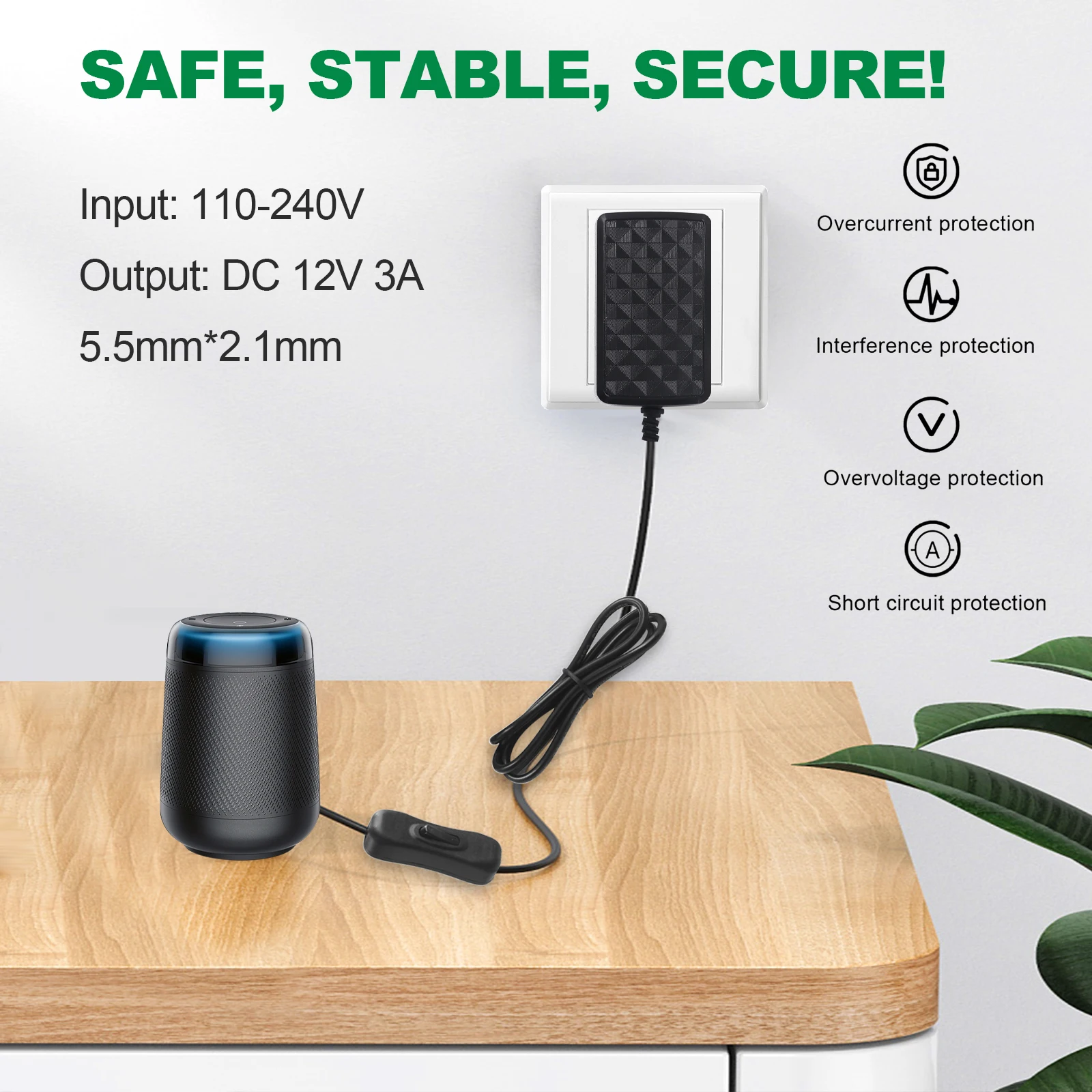 Universal Power Adapter with On/Off Switch - 12V DC Charger Converter, 100-240V AC Input