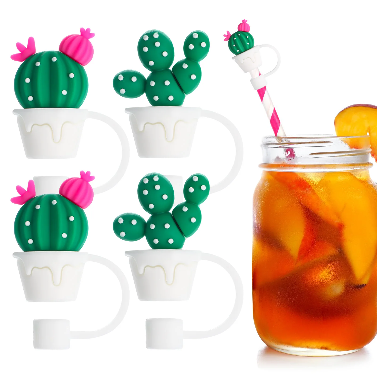 

4Pcs Cute Cactus Straw Plugs For Stanley Tumbler Cups Kawaii Silicone Straw Toppers Dust-Proof Protector Cap For Straws Durable