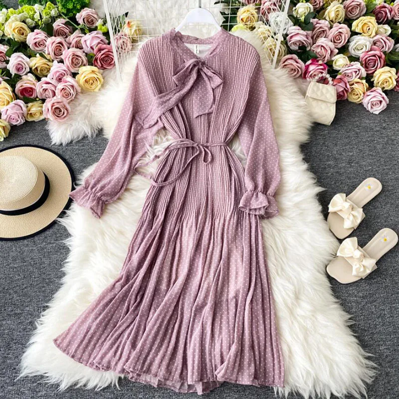 

Vintage Dot Printing Long Sleeve Women Dress 2021 Spring Chiffon Dress Fashion Casual Midi Dress Women A-line Vestidos